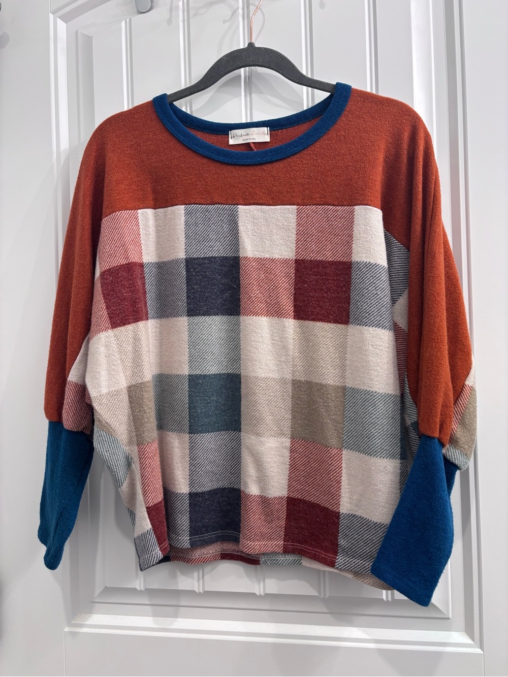 Perfect Peach Plaid Colorblock Women's Sweater - Rust & Blue
